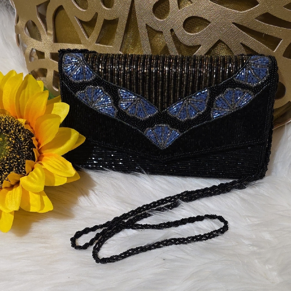 Elegant Black and Blue Beaded Clutch